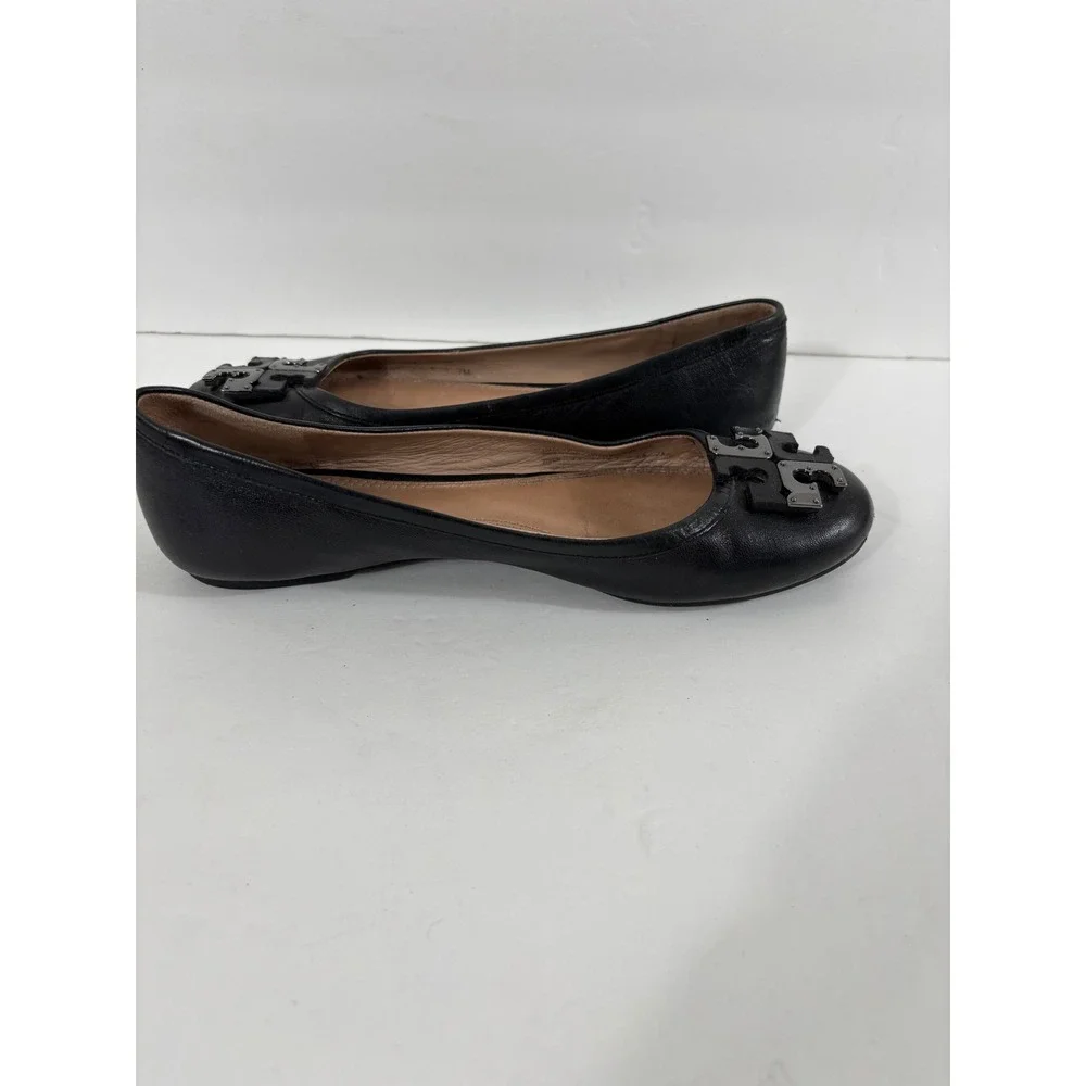 Tory Burch Black Lowell Leather Ballet Flats Embellished Logo Size 7 M